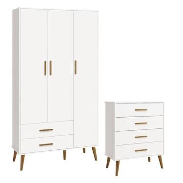 Imagem de Cômoda Gaveteiro e Guarda Roupa Infantil 3 Portas Isis Branco Acetinad