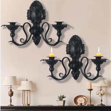 Imagem de heepico 2 conjuntos de suporte de vela | Decorações góticas de metal preto suporte de castiçal montado na parede vintage rústico candelabro decoração para quarto sala de jantar