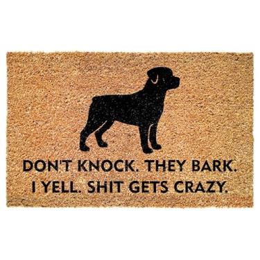 Imagem de Capacho de entrada engraçado Rottweiler - Don't Knock They Bark I Yell Shit Gets Crazy - Citação ousada para varanda - Pátio - Decoração interna - Tapete antiderrapante durável - Donos de animais de