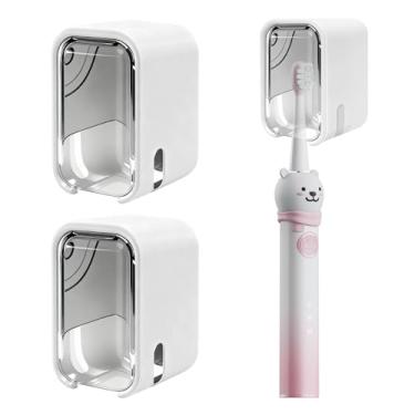 Imagem de OIZOIZ Pacote com 2 mini suporte de escova de dentes montado na parede com capa, organizador de armazenamento de escova de dentes de slot único para chuveiro, porta-escovas de dentes compactos para