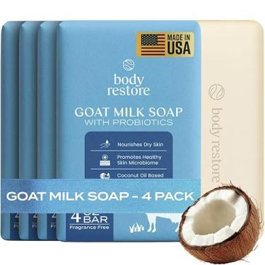 Imagem de Body Restore Sabonete de leite de cabra 113 g Pacote com 4 - Meias de Natal, Elefante Branco, Óleo de Coco, Presentes para Mulheres, Homens, Corpo Natural, Lavagem de Rosto e Mãos, Cuidados com a Pele