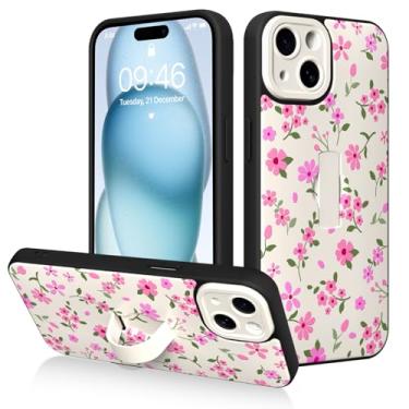 Imagem de AIGOMARA Capa para iPhone 15 com suporte de alça de dedo, estampa floral rosa para mulheres e meninas, capa protetora à prova de choque com suporte de mão antiarranhões, branca