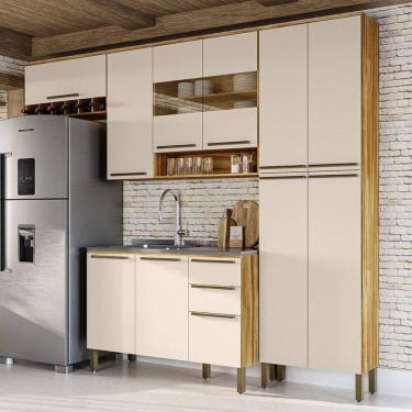 Imagem de Armário de Cozinha com Balcão e Tampo 11 Portas 2 Gavetas Xangai 100% Mdf Vidro Reflecta Amêndoa/Off White - Pnr Móveis