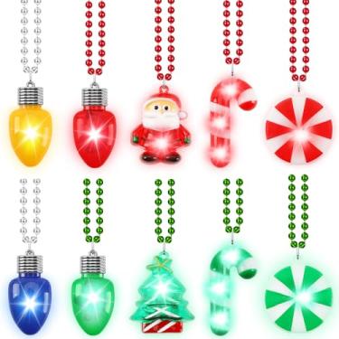 Imagem de JULBEAR 10pcs Christmas LED Light Up Necklace, Christmas Bead Necklace Bulb Pendant 6 Modes Christmas Necklaces Candy Cane Xmas Tree Santa Claus Glow Necklaces Girls Boys for Xmas New Year Party