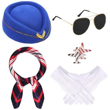 Imagem de baotongle 6 peças de acessórios de fantasia feminina de comissária de bordo de Halloween roupas de aeromoça chapéu cachecol luvas de óculos de sol (azul)