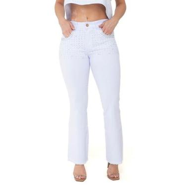 Imagem de Calça Feminina Flare Sarja Branca com Pocket Strass - Pthirillo, 46