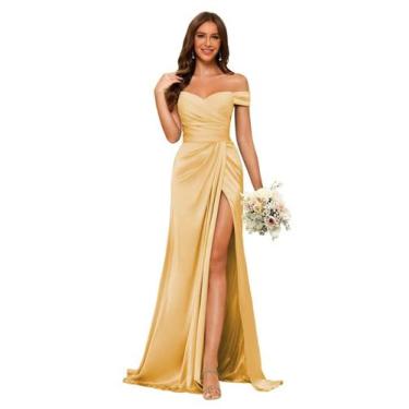 Imagem de Vestido de dama de honra Dessiny Long Gold Off Shoulder Satin 2024