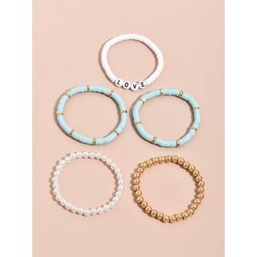 Imagem de Conjunto de 5 peças de pulseiras elásticas com contas para mulheres e meninas, pulseiras empilháveis de contas de argila com letras LOVE e pérolas, pulseiras empilháveis de pérolas e ouro, boêmio