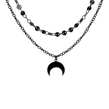 Imagem de Agriajun Colar gótico de corrente em camadas com pingente de lua preta para mulheres, colares góticos empilháveis ajustáveis, acessórios, joias modernas, presente, Zinco, Sem Pedra Preciosa
