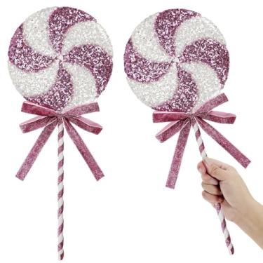 Imagem de 2 peças decorações de Natal jumbo de lantejoulas doces e hortelã-pimenta, enfeites de pirulito, enfeites de pirulito, arcos amarrados, sprays de Natal, doces, artesanato, decoração de casa, 19 cm x 42