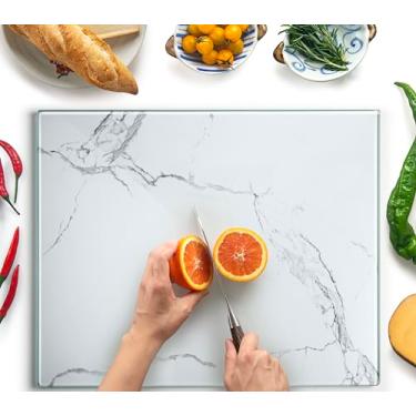 Imagem de Kitchenville Tábua de cortar vidro grande 50 x 40 cm protetor de bancada de vidro higiênico durável de cozinha protetor de bancada resistente a arranhões resistente ao calor design de mármore branco