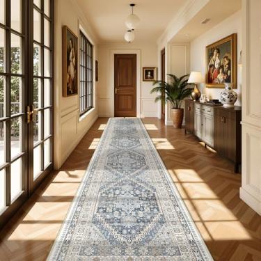 Imagem de Restydon Tapete de corredor lavável 6 x 35 cm, tapetes de cozinha longos antiderrapantes para chão, tapete vintage para entrada, corredor macio para sala de jantar, quarto, sala de estar (azul/bege, 6