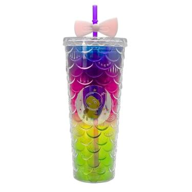 Imagem de Copo Infantil Luminoso 750ml com Canudo LED e Tampa, Design Escama de Peixe para Festas, Eventos, Aniversários (Roxo)