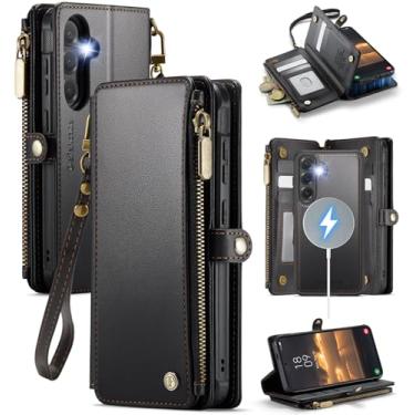 Imagem de Defencase Capa carteira magnética para Galaxy S24 FE compatível com Magsafe com bloqueio de RFID com zíper para mulheres e homens, capa removível de couro sintético para Samsung Galaxy S24 FE 5G de