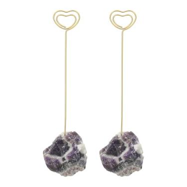 Imagem de PATIKIL Suporte de número de mesa, 2 peças de suportes de clipe de foto, pedra de cristal, quartzo, porta-cartões, em formato de coração cru, para notas de ferro, para festa de casamento, decoração de