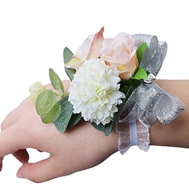 Imagem de Sanpyl Conjunto de buquê de Flor Branca Artificial, Corsage, Joias Feitas à Mão para Festa de Casamento, Aniversário Com Pulseira de Pérola para Noiva, Broche Elástico para Mulheres (Cor da foto)