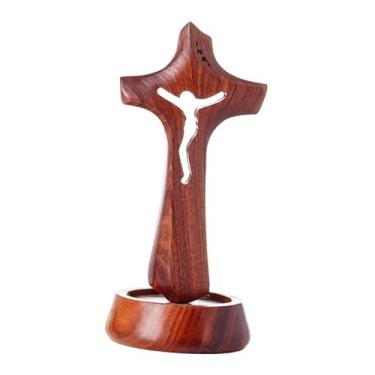 Imagem de Baoblaze Estátua de Cruz de Mesa Ornamento Portátil com Base, Estatueta de Crucifixo de Madeira para Centro de Mesa, Escritório ou Presente, S