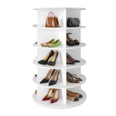 Imagem de SPXMQSS Sapateira giratória de madeira, organizador de sapatos giratório de 5/6/7 níveis, torre de sapato, 360°, fácil de montar para entrada, serve para 20 a 28 pares de sapatos, branco, 5 níveis 59