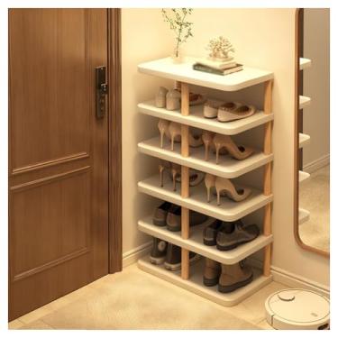 Imagem de SPXMQSS Sapateira, 6/7/8 andares, suporte de sapato, de madeira, estreito, prateleira aberta para armazenamento de armário para 10 a 14 pares para entrada, corredor, sala de estar, bege, 6 níveis 48 x