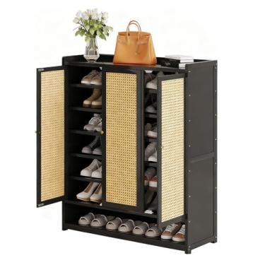 Imagem de SPXMQSS Armário de sapatos com portas, armário de armazenamento de sapatos grande de 7/8 níveis para entrada de bambu, sapateira independente para corredor, sala de estar, quarto, armário preto 90 x