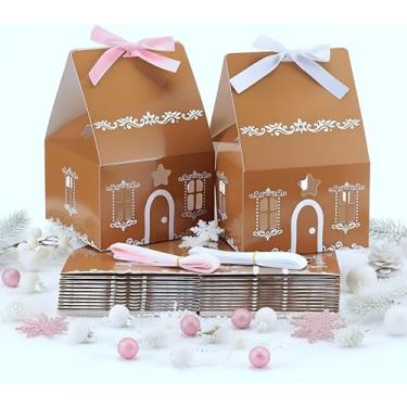 Imagem de Thyle 48 caixas de presente para casa de pão de gengibre de Natal 17 x 16,5 x 16,5 cm, embalagem com 12 fitas brancas e 12 rosas para lembrancinhas de festa de Natal de inauguração de casa