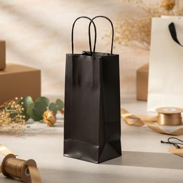 Imagem de Kit 10 Sacolas de Papel Preto Mini Garrafa 9,5x7,5x23cm - Embalagem Premium para Mini Bebidas, Perfumaria e Lembrancinhas - Alça Torcida