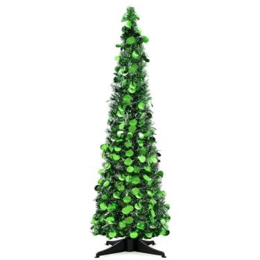 Imagem de Leyndo Árvore de Natal pop-up com luz LED pré-iluminada, artificial, dobrável, lápis de paetê, árvore de Natal skinny para decoração de lareira em casa interna (1,5 m, verde, 1)