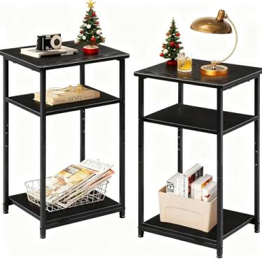 Imagem de WLIVE Conjunto de 2 mesas de canto para sala de estar, mesa de canto preta para dois, mesa lateral estreita para quarto, escritório em casa, espaços pequenos, mesa de canto de 3 camadas para sofá,