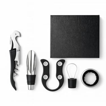 Imagem de Kit Master Vinho 5 Peças – Acessórios Premium para Garrafas: saca-rolhas profissional + mini faca de lacre + anel anti-gotas + bico dosador + rolha metálica cromada