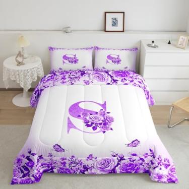 Imagem de jejeloiu Conjunto de edredom com letras roxas e flores, tamanho casal, para crianças, adolescentes, meninas, mulheres, conjunto de cama com monograma, ultramacio, edredom floral, rosa, borboleta