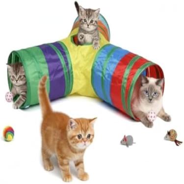 Imagem de Tunel interativo divertido para gatos, em formato de Y, colorido.