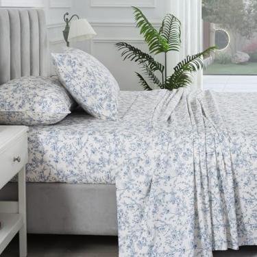 Imagem de Puralens Jogo de lençol Queen de percal floral azul, 4 peças, estampa de folhas de flores chiques, lençol com bolso profundo, macio e crocante, jogo de cama vintage luxuoso, 100% algodão, branco creme