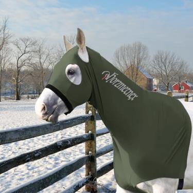 Imagem de Horzmetnex Capuz elástico de cavalo, protetor de crina de lycra, capuz de cavalo, proteção de crina, preparação para shows, treinamento (verde-oliva, G)