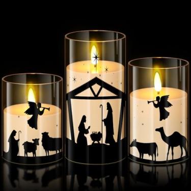 Imagem de Blosssound Pacote com 3 velas de Natal sem chamas operadas por pilhas, presépio de Natal, velas cintilantes sem chama, LED para lareira em casa, decorações de mesa de férias de inverno, presentes de