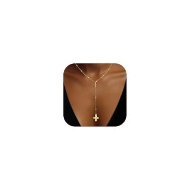 Imagem de Moodear Colar de cruz longa para mulheres – Colar com pingente de crucifixo banhado a ouro 14K delicado Lariat Rosarios Catholic Virgin Mary Beaded Y Chain Christian Jewelry Gift for Her, Banhado a
