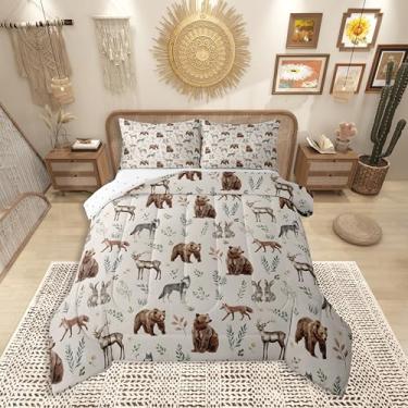 Imagem de Erosebridal Jogo de cama casal com tema de caça de urso, veado, animais da floresta, para quarto de crianças, desenho animado, coelho, lobo, raposa, vida selvagem, edredom rústico