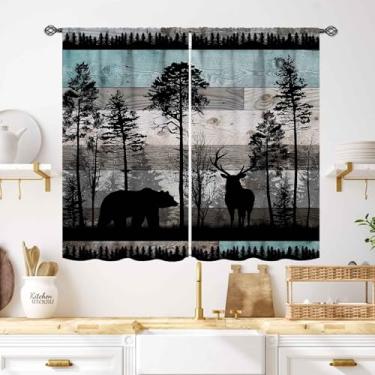 Imagem de Cortinas rústicas para cabana, fazenda rural, alojamento de animais selvagens, veados, caça, acampamento, vintage, celeiro, azul, madeira, tratamentos, cortinas para quarto, sala de estar, cozinha