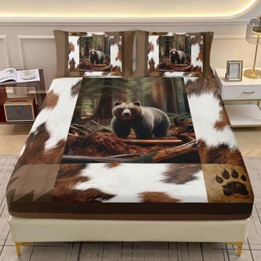 Imagem de AILONEN Jogo de lençol solteiro rústico com urso, animal selvagem, urso selvagem, estampa de vida selvagem, para crianças, adolescentes e adultos, lençol com elástico alto, 2 fronhas, 3 peças