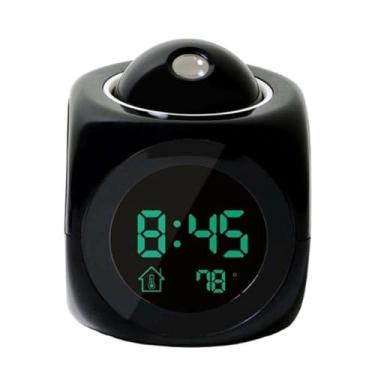 Imagem de Relógio Despertador Digital com Projeção LED, Preto, 8x8x8cm, Display de Temperatura, Função Soneca, Voz Falante em Inglês, Alimentação por Pilhas AAA
