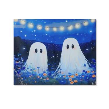 Imagem de HouLaiZhe Pôster de Halloween com estampa de arte de parede em tela de noite estrelada de fantasma fofo decoração de parede gótica para sala de estar quarto 11 x 14 polegadas (28 x 35 cm)