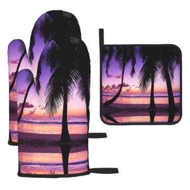 Imagem de Silhueta de palmeiras ao pôr do sol – Conjunto de cozinha essencial com 3 peças, luvas seguras para calor e aderência de tampa, proteção para churrasco no forno, design de armazenamento suspenso.