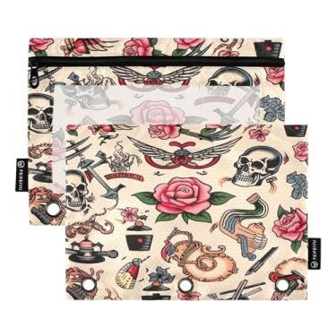 Imagem de Wassud Bolsa de lápis para fichário de 3 anéis, bolsa transparente com zíper suave de rosas e caveiras, estojo para fichário, pacote com 2