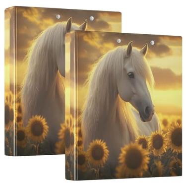 Imagem de xigua Fichário de cavalo em campo de girassol com 3 argolas redondas comporta 200 folhas, à prova d'água, tamanho carta tamanho 3, fichários com bolsos internos transparentes de PVC e clipe de metal