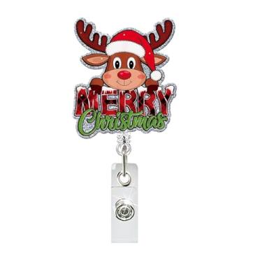 Imagem de Carretel de crachá de feliz Natal, lindo suporte de crachá de rena, acrílico retrátil, clipe jacaré, glitter, alce, carretel de crachá, acessórios de presente de inverno para estudantes de enfermagem
