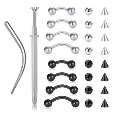 Imagem de VCMART Piercing de sobrancelha, brinco de torre de aço inoxidável, barra curvada, minúsculo, anel de sobrancelha, labret vertical, lábio, joia, orelha, helix, concha, daith, para mulheres e homens, 16