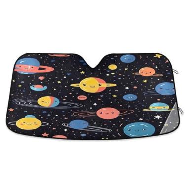 Imagem de Wassud Para-sol de para-brisa de carro padrão planetas, persianas refletivas de janela frontal de carro, protetor de viseira de sol bloqueia raios UV, persiana dobrável sanfonada automática para carro