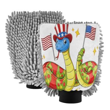 Imagem de STAYTOP 2 peças de luvas de lavagem de carro de cobra verde segurando a bandeira americana, luvas de microfibra de chenille, sem arranhões, panos de esponja de lavagem ultra absorventes para carros