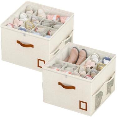 Imagem de FooGuila Organizador de sapatos para armário, pacote com 2 caixas organizadoras de sapatos dobráveis com divisórias ajustáveis e capa transparente, caixa de sapato que economiza espaço com alças