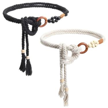 Imagem de CRASPIRE 2 Cores Cintos Femininos Trançados Boho Skinny Woven Rope Belt Branco Preto Feito à Mão Algodão Longo Cordas de Macramê Corrente Decorativa Atada com Contas de Anel para Vestidos Femininos