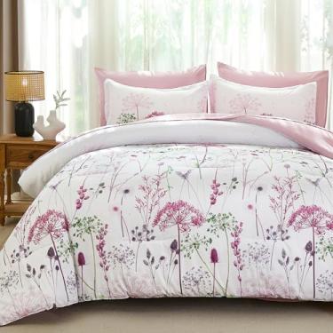 Imagem de Yiran Conjunto de cama king de 7 peças, floral, dente-de-leão rosa, cama botânica em uma bolsa, conjunto completo de microfibra macia com edredom, lençóis, fronhas e fronhas